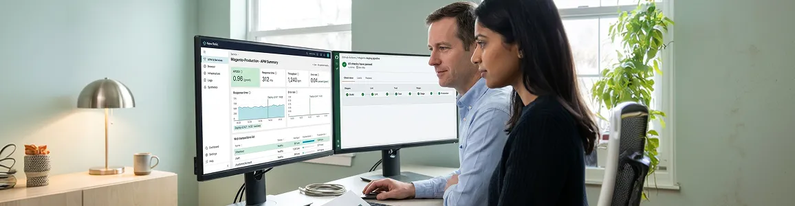 Managed services engineers reviewing healthy New Relic APM dashboard and green deploy pipeline on dual monitors Managed services engineers reviewing healthy New Relic APM dashboard and green deploy pipeline on dual monitors