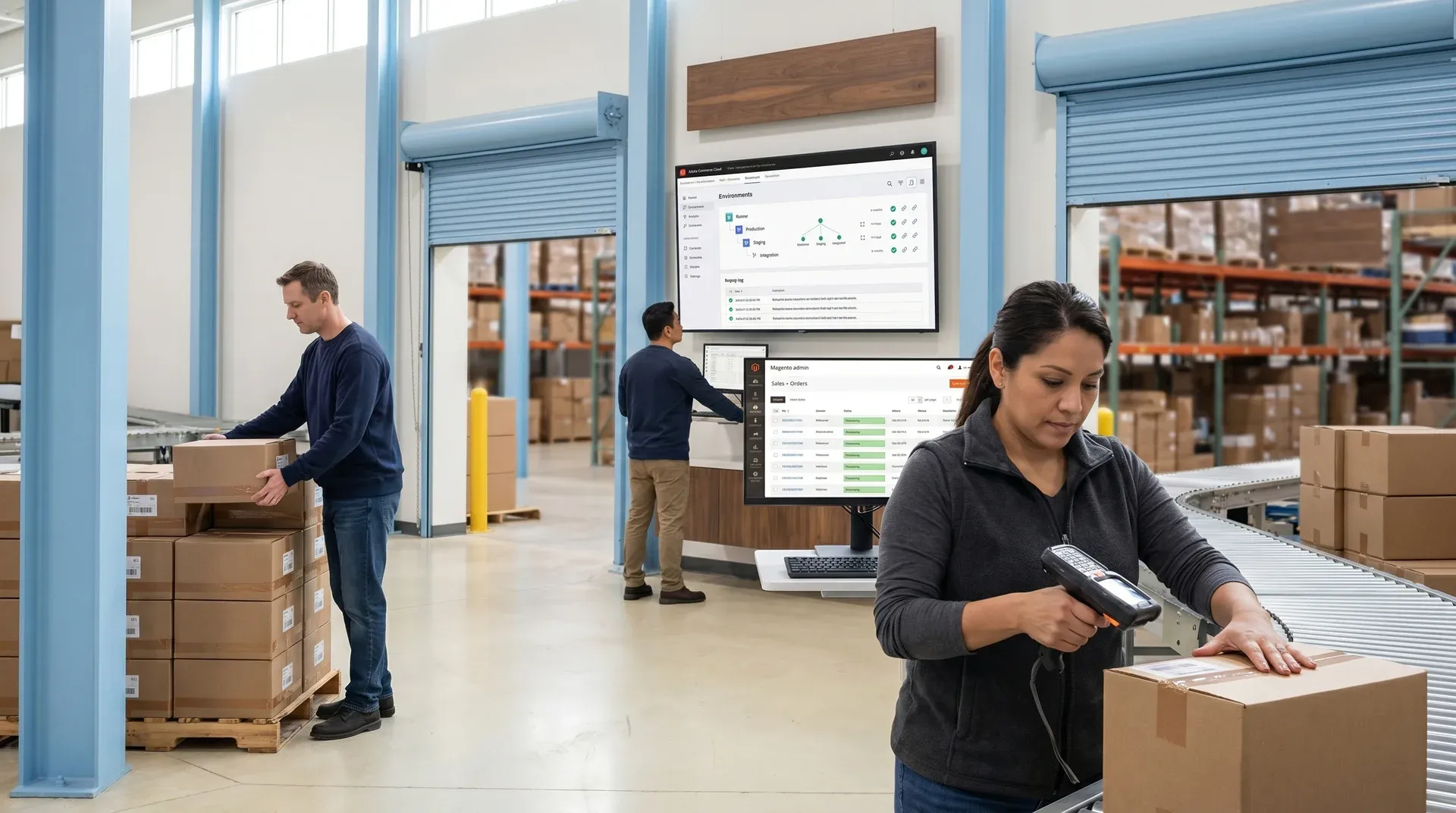 Operations team fulfilling corporate branded merchandise orders in a large warehouse, showing the scale of managed ecommerce operations Operations team fulfilling corporate branded merchandise orders in a large warehouse, showing the scale of managed ecommerce operations