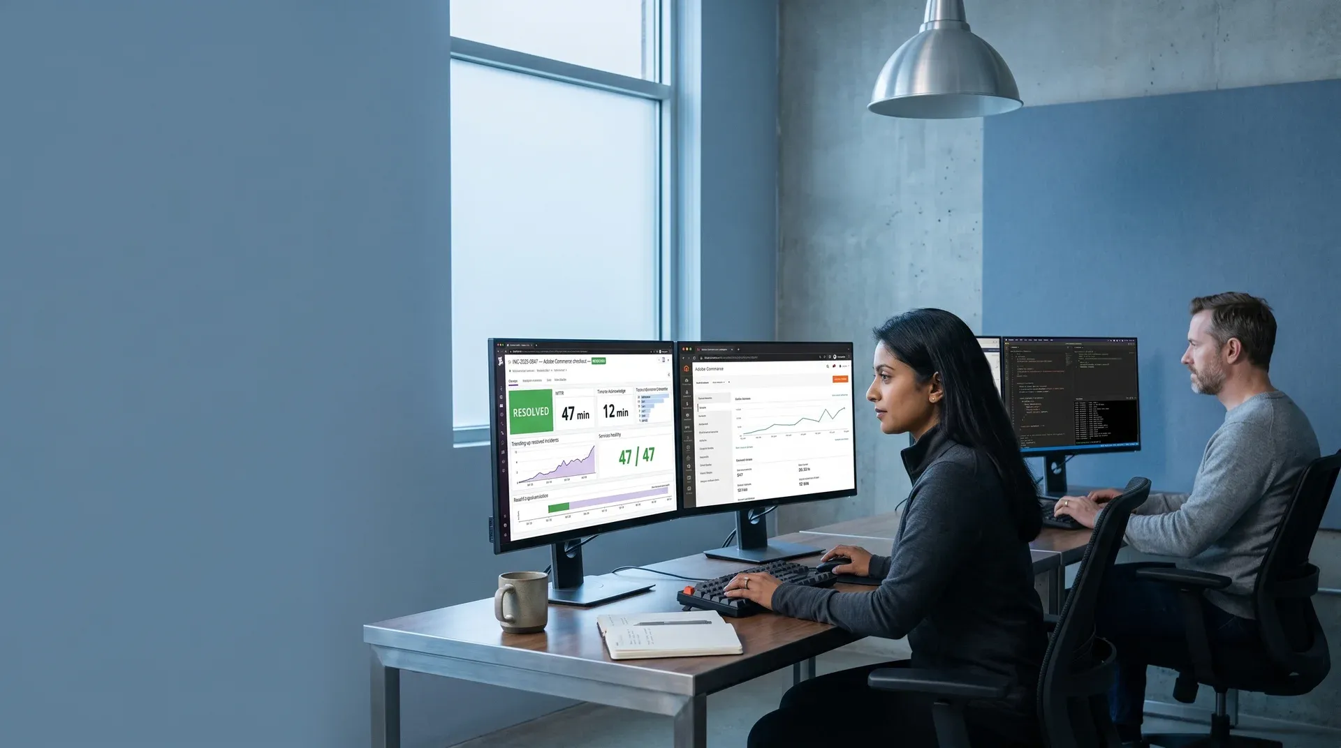 Senior Magento engineer responding to critical Adobe Commerce site-down incident at monitoring workstation Senior Magento engineer responding to critical Adobe Commerce site-down incident at monitoring workstation