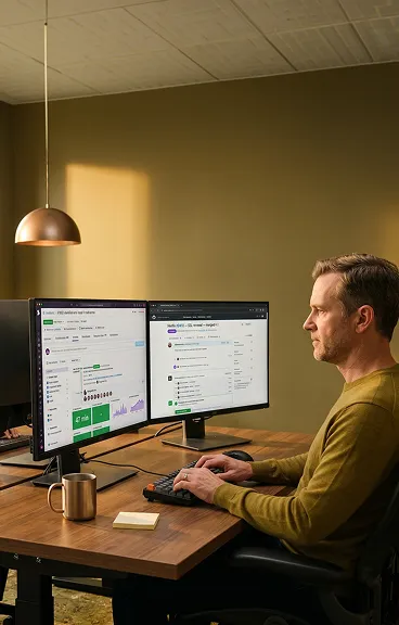 Two Magento emergency support engineers actively resolving a critical site incident at workstations Two Magento emergency support engineers actively resolving a critical site incident at workstations