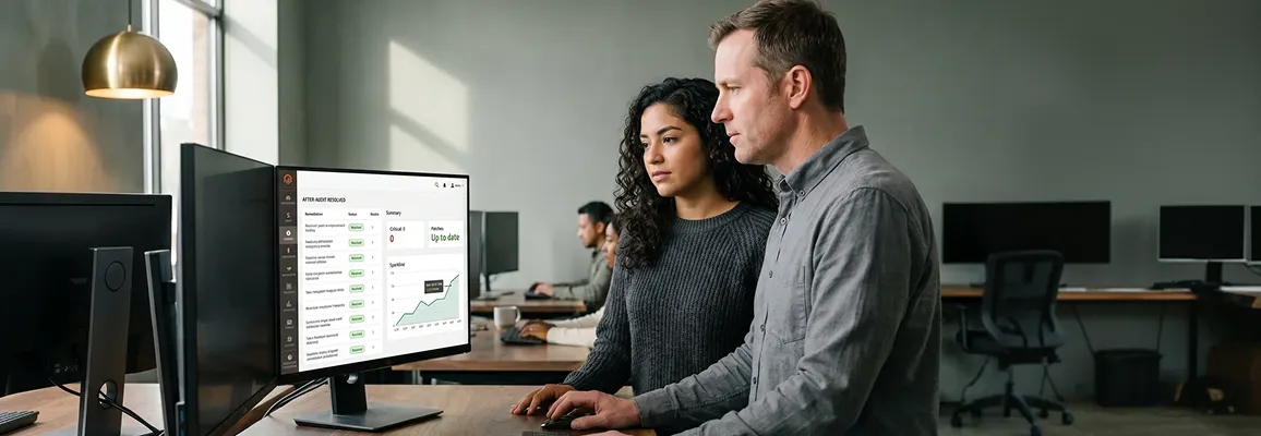 Operations team reviewing a slowing Adobe Commerce checkout on launch day, multiple screens visible Operations team reviewing a slowing Adobe Commerce checkout on launch day, multiple screens visible