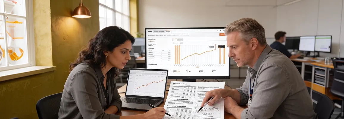 Senior developer inspecting Adobe Commerce module code paths and database query traces Senior developer inspecting Adobe Commerce module code paths and database query traces