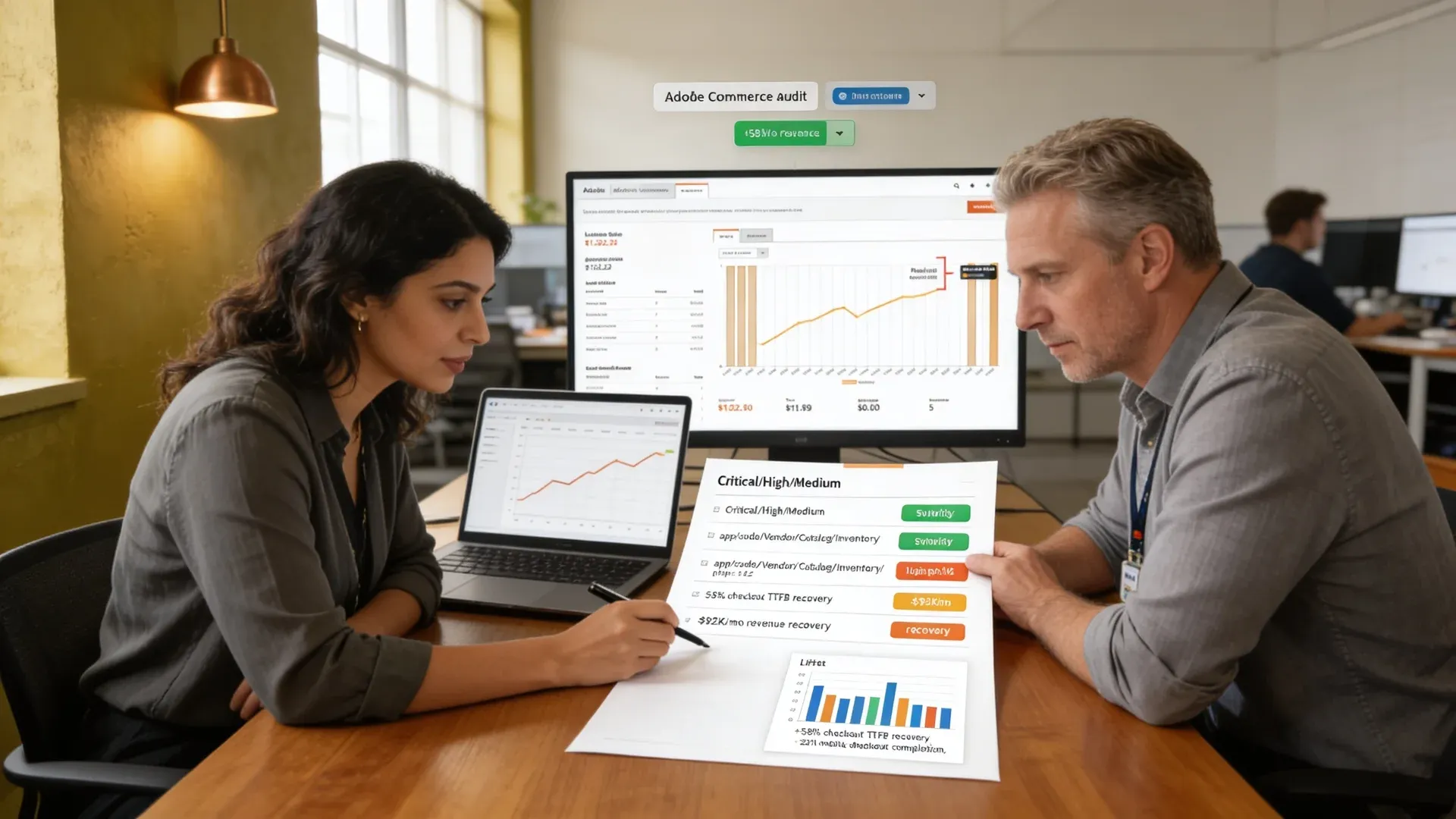 Merchant and engineering lead reviewing a printed Adobe Commerce audit report together at a workshop table Merchant and engineering lead reviewing a printed Adobe Commerce audit report together at a workshop table
