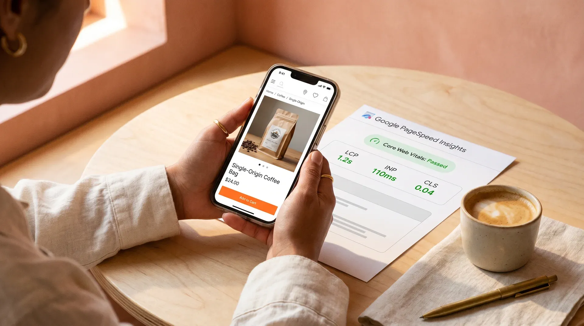 Shopper holding a phone showing an Adobe Commerce Hyva product page loaded fast after performance optimization Shopper holding a phone showing an Adobe Commerce Hyva product page loaded fast after performance optimization