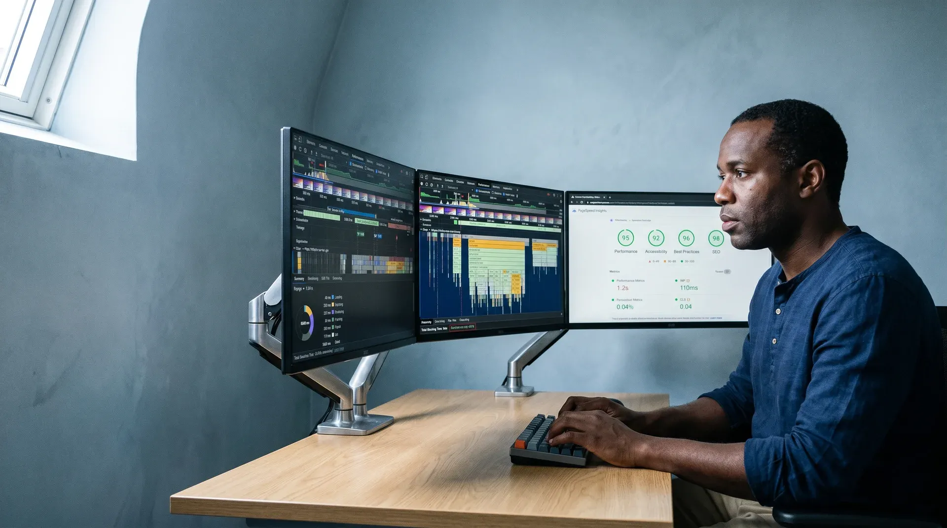 Performance engineer reviewing Adobe Commerce frontend performance traces and Core Web Vitals on multiple monitors with Chrome DevTools and PageSpeed Insights Performance engineer reviewing Adobe Commerce frontend performance traces and Core Web Vitals on multiple monitors with Chrome DevTools and PageSpeed Insights