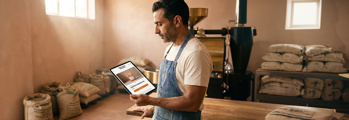 Specialty coffee roaster's Adobe Commerce Hyva storefront displayed on a tablet inside a working roastery Specialty coffee roaster's Adobe Commerce Hyva storefront displayed on a tablet inside a working roastery