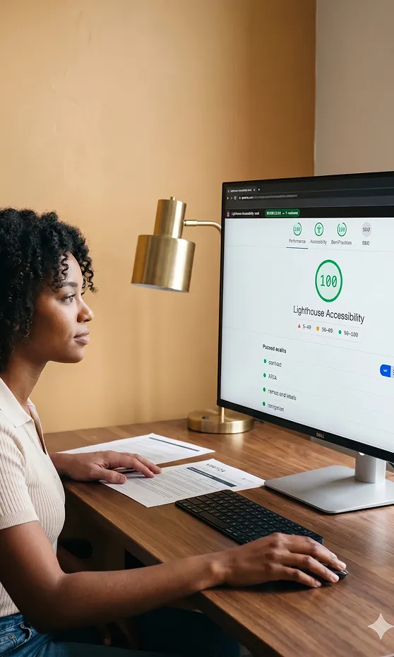 Two user experience leads reviewing an accessibility audit on a large monitor Two user experience leads reviewing an accessibility audit on a large monitor