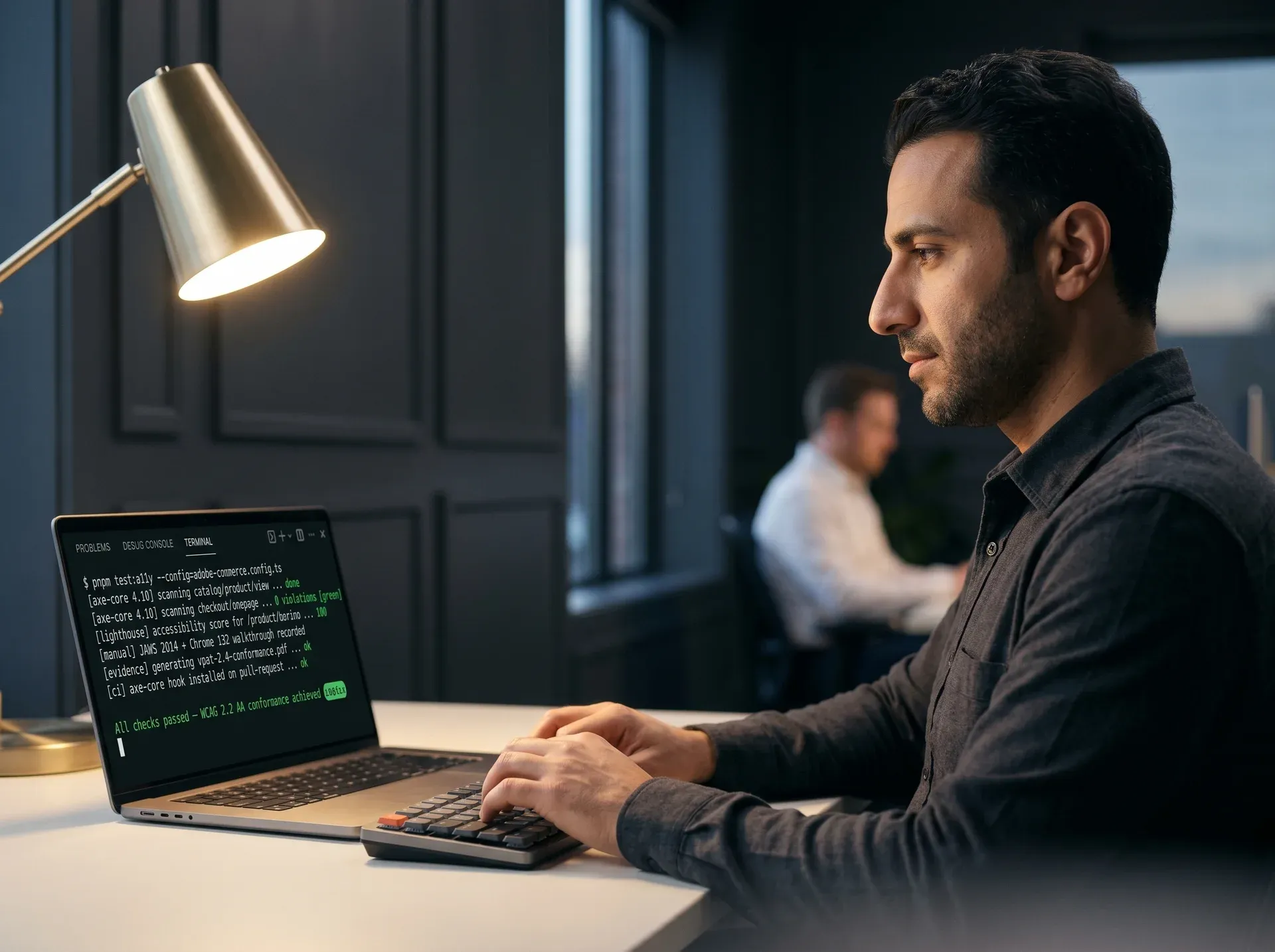 A developer runs automated axe-core tests in a terminal window A developer runs automated axe-core tests in a terminal window