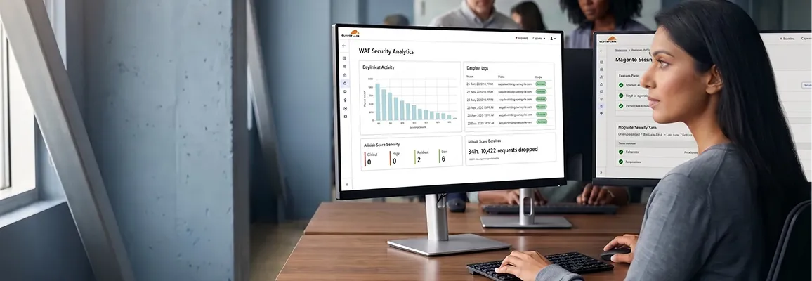 Adobe Commerce security analyst reviewing live store traffic and threat alerts on multi-monitor workstation Adobe Commerce security analyst reviewing live store traffic and threat alerts on multi-monitor workstation
