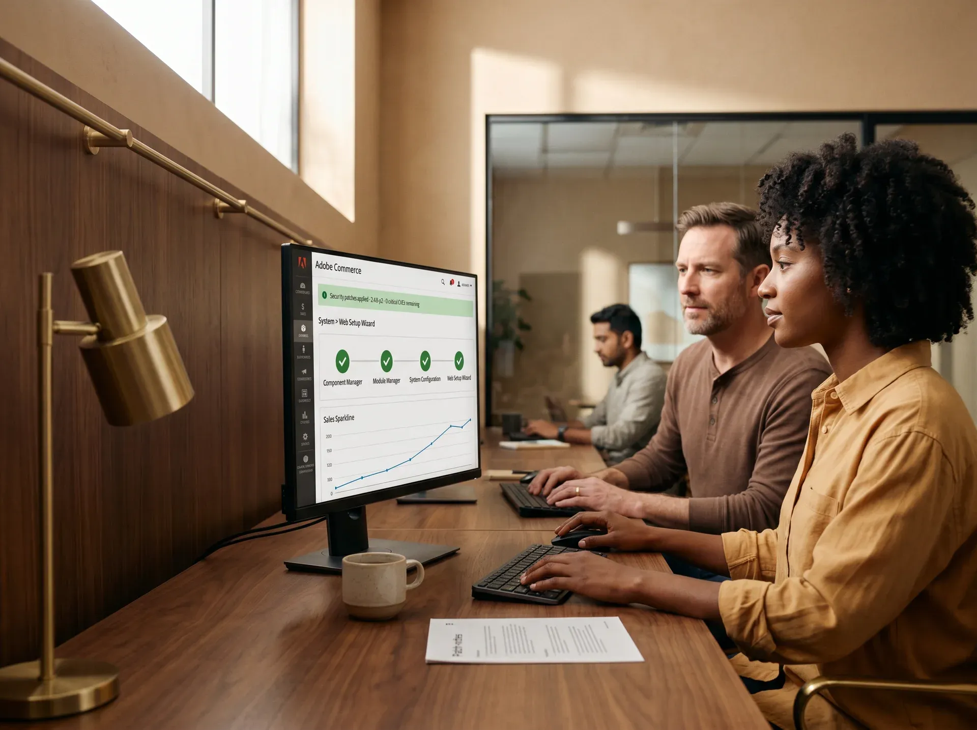 Two Adobe Commerce engineers pair-reviewing a security patch on shared monitor Two Adobe Commerce engineers pair-reviewing a security patch on shared monitor