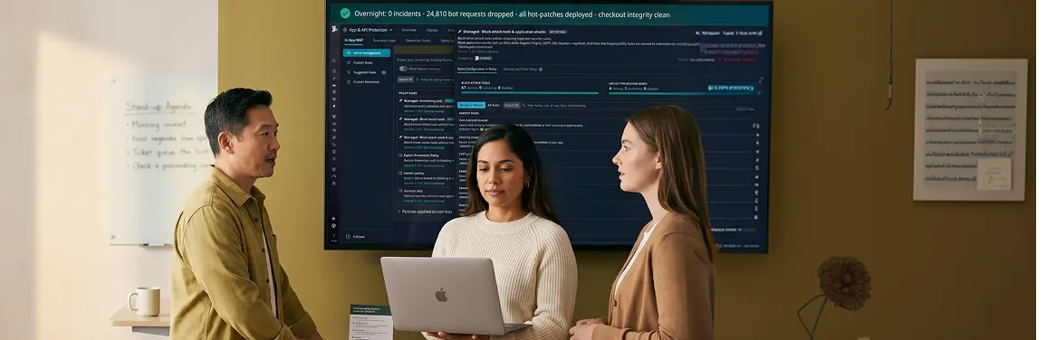 Adobe Commerce security team at a morning stand-up reviewing the day's monitoring queue Adobe Commerce security team at a morning stand-up reviewing the day's monitoring queue