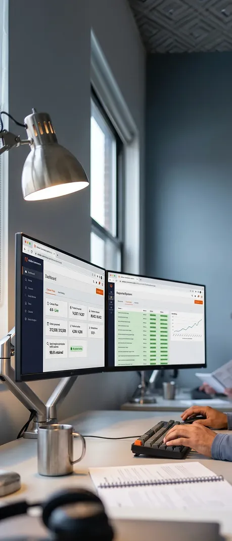Senior engineer monitoring real-time cutover progress on dual screens during a no-downtime migration weekend Senior engineer monitoring real-time cutover progress on dual screens during a no-downtime migration weekend