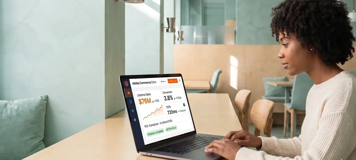 Post-replatform operations team monitoring a healthy Adobe Commerce admin with green KPIs after Magento migration Post-replatform operations team monitoring a healthy Adobe Commerce admin with green KPIs after Magento migration