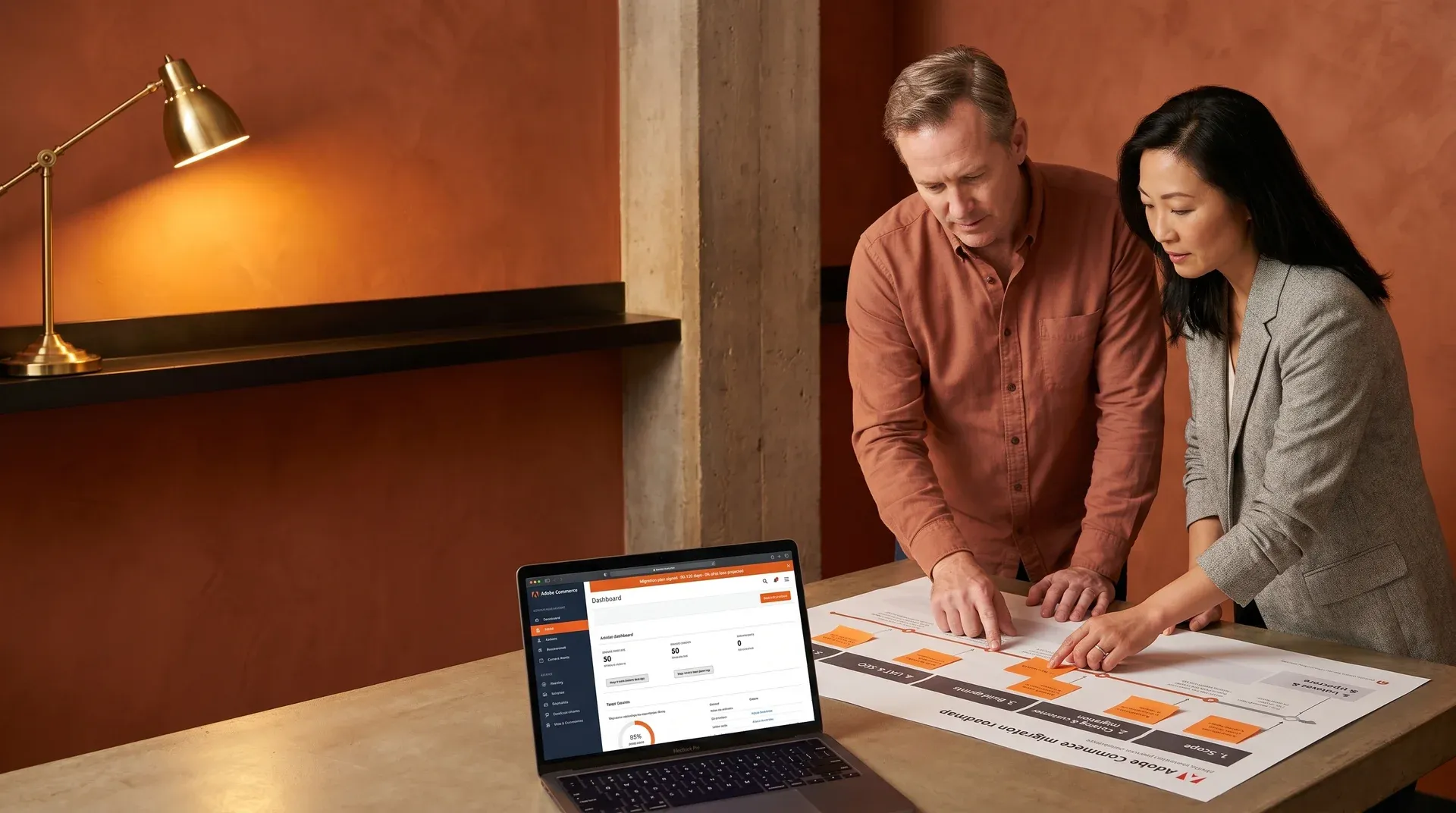 Founder and chief technology officer reviewing a scoped Adobe Commerce migration plan on a printed roadmap Founder and chief technology officer reviewing a scoped Adobe Commerce migration plan on a printed roadmap