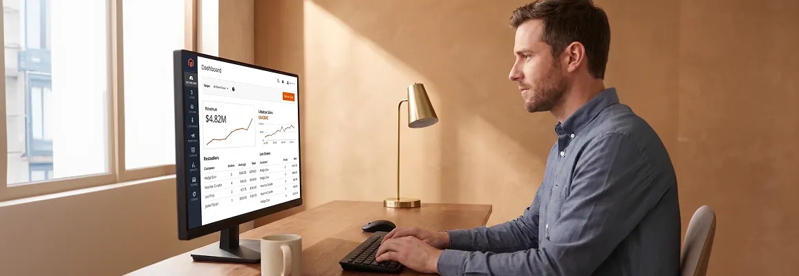 Two engineers reviewing Magento to Adobe Commerce migration dashboard at dual monitors, natural side light Two engineers reviewing Magento to Adobe Commerce migration dashboard at dual monitors, natural side light
