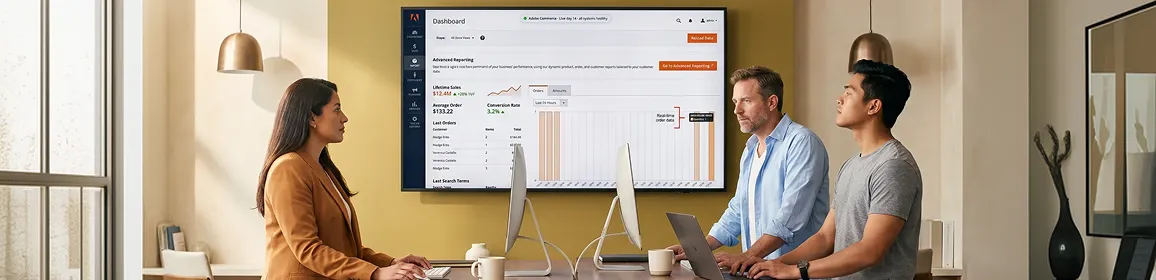 Ecommerce operations team reviewing Adobe Commerce post-migration revenue dashboard at standing desks, natural light, golden olive workspace Ecommerce operations team reviewing Adobe Commerce post-migration revenue dashboard at standing desks, natural light, golden olive workspace