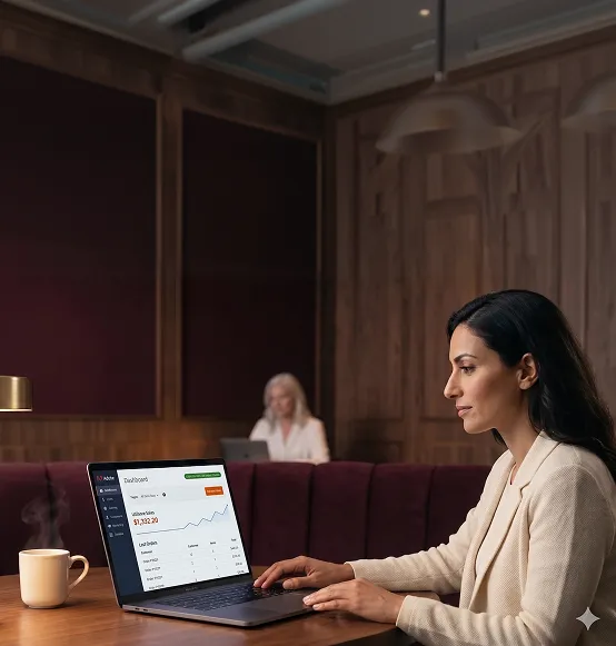 Store manager and developer at calm satisfied moment of successful Adobe Commerce go-live on MacBook, deep burgundy lounge Store manager and developer at calm satisfied moment of successful Adobe Commerce go-live on MacBook, deep burgundy lounge