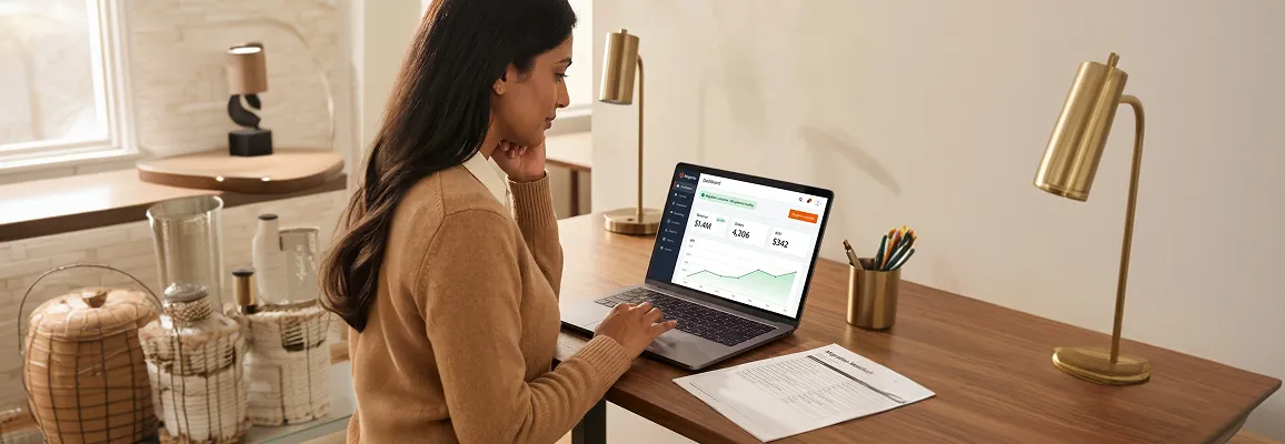 Enterprise retail director reviewing Shopify to Adobe Commerce migration dashboard in modern office Enterprise retail director reviewing Shopify to Adobe Commerce migration dashboard in modern office
