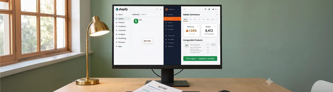 Ecommerce operations team reviewing side-by-side Shopify and Adobe Commerce admin screens, before-and-after migration comparison Ecommerce operations team reviewing side-by-side Shopify and Adobe Commerce admin screens, before-and-after migration comparison