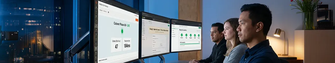 Redefine migration team monitoring Half Price Drapes Adobe Commerce go-live on multiple screens Redefine migration team monitoring Half Price Drapes Adobe Commerce go-live on multiple screens