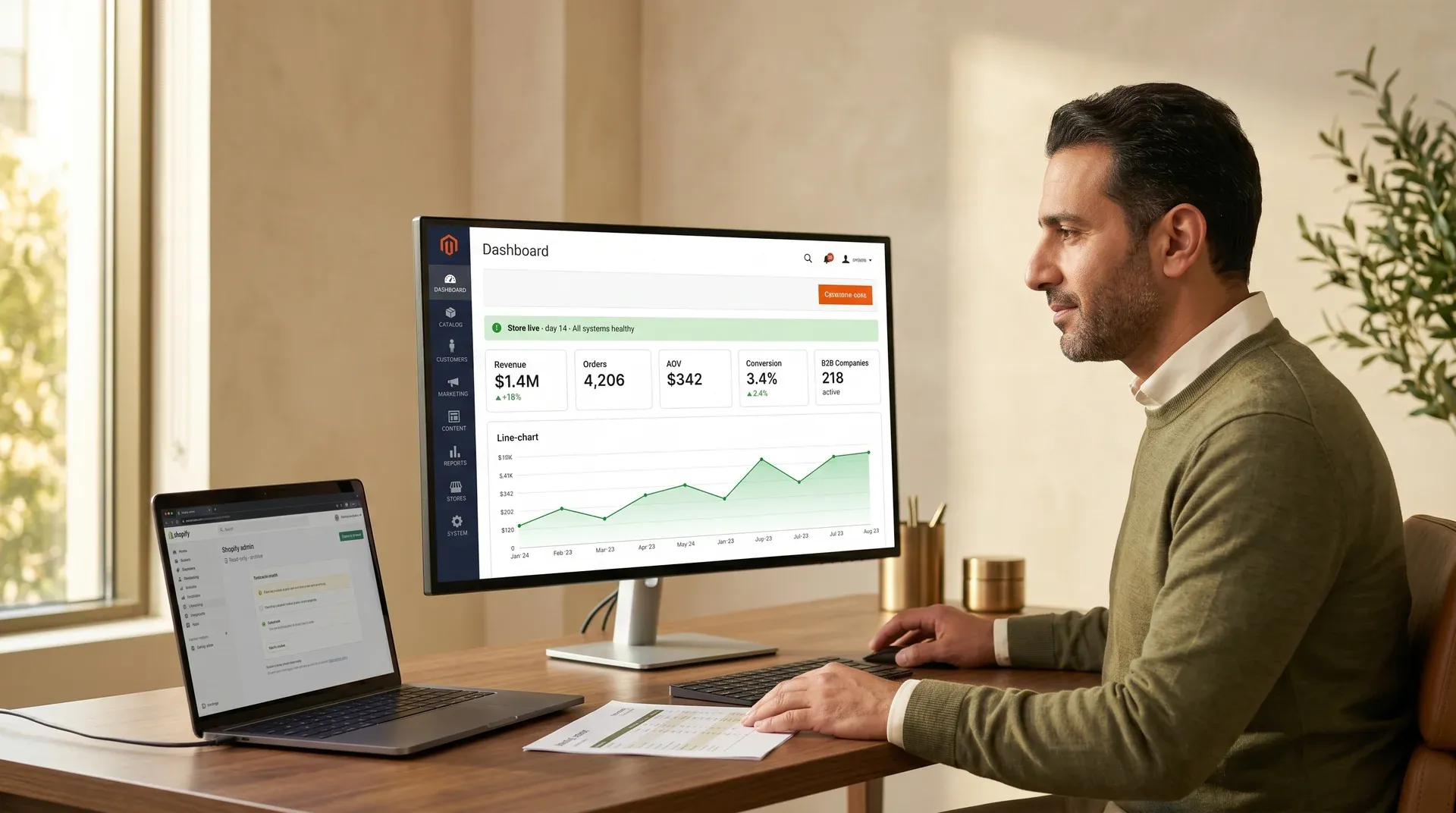 Retail director reviewing Adobe Commerce post-migration dashboard with confidence, natural office light Retail director reviewing Adobe Commerce post-migration dashboard with confidence, natural office light