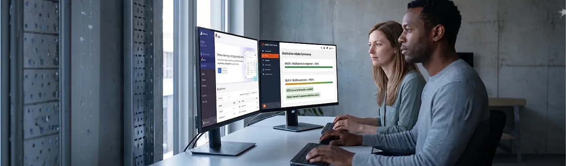 Ops lead and migration engineer reviewing the BigCommerce control panel beside the Adobe Commerce admin destination dashboard during data validation Ops lead and migration engineer reviewing the BigCommerce control panel beside the Adobe Commerce admin destination dashboard during data validation