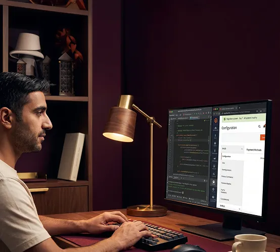 Developer configuring Adobe Commerce backend in PhpStorm with admin dashboard, desk lamp glow Developer configuring Adobe Commerce backend in PhpStorm with admin dashboard, desk lamp glow
