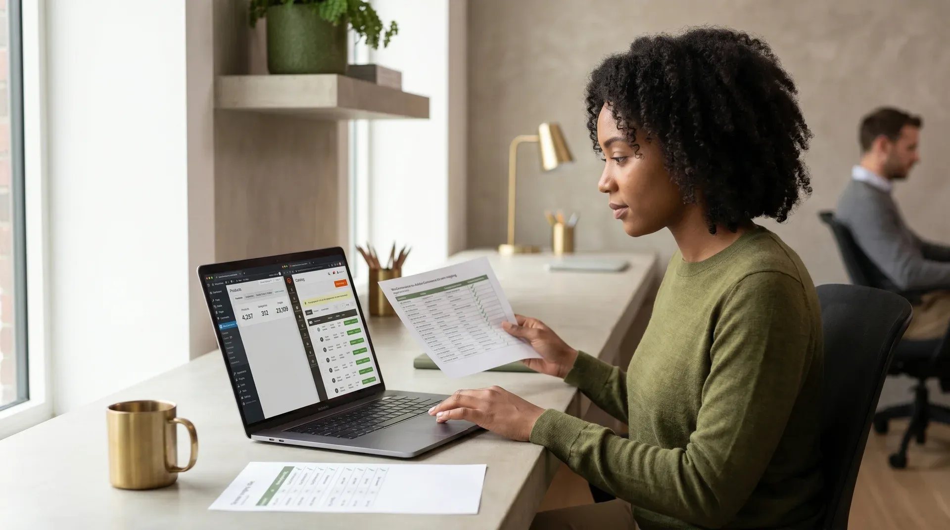 Developer auditing WooCommerce product catalog data for Adobe Commerce migration Developer auditing WooCommerce product catalog data for Adobe Commerce migration
