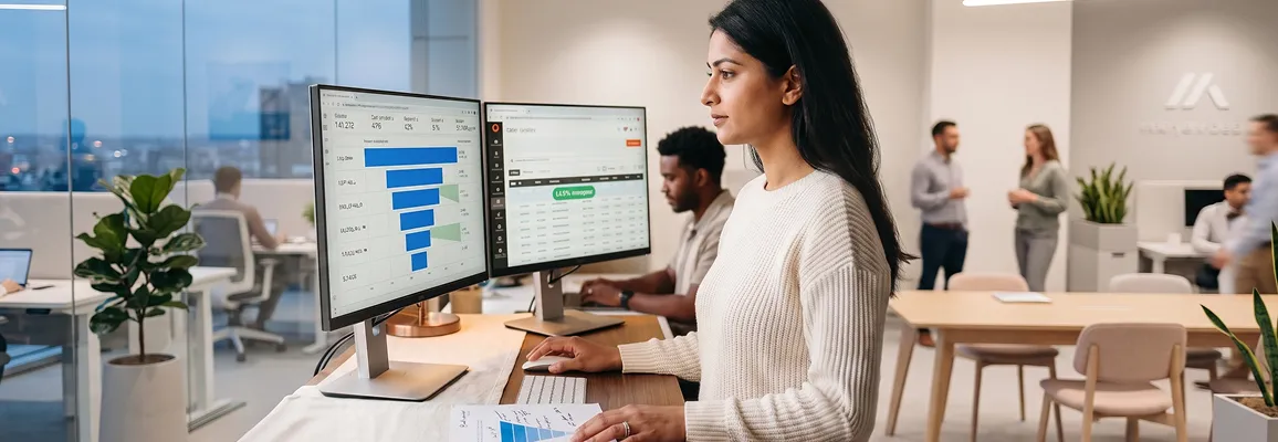 User experience analyst reviewing Adobe Commerce checkout funnel data on dual monitors, natural screen glow, side profile User experience analyst reviewing Adobe Commerce checkout funnel data on dual monitors, natural screen glow, side profile