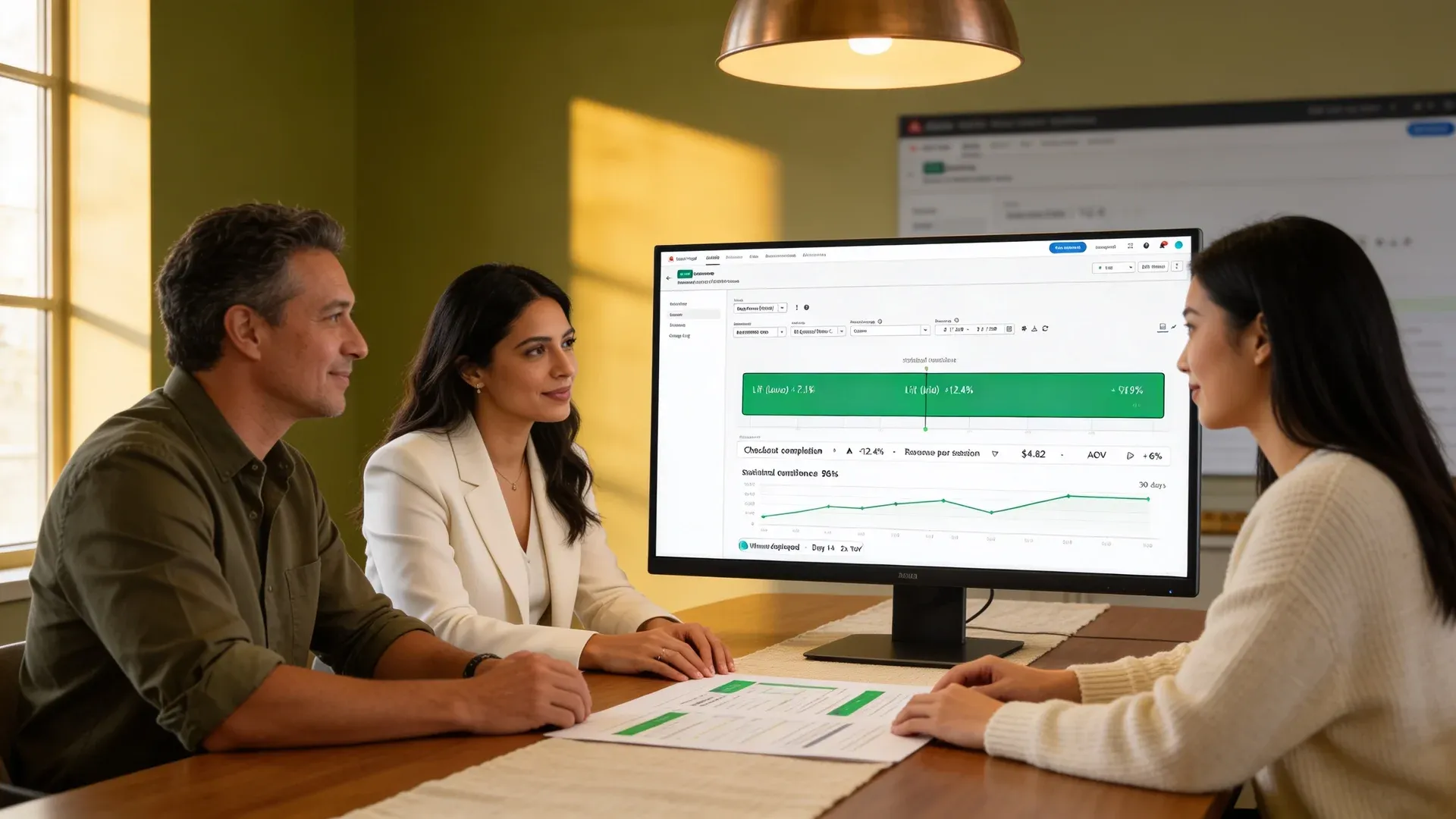 Ecommerce team reviewing post-optimization checkout conversion metrics on desktop monitor, focused, natural screen glow Ecommerce team reviewing post-optimization checkout conversion metrics on desktop monitor, focused, natural screen glow