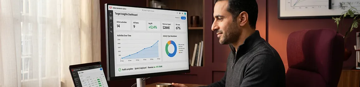 Merchant reviewing Adobe Commerce conversion rate improvement on analytics dashboard, natural office light, focused and relaxed Merchant reviewing Adobe Commerce conversion rate improvement on analytics dashboard, natural office light, focused and relaxed