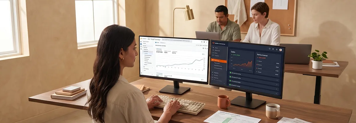 Merchant reviewing Adobe Commerce marketing analytics on dual monitors in a warm office Merchant reviewing Adobe Commerce marketing analytics on dual monitors in a warm office