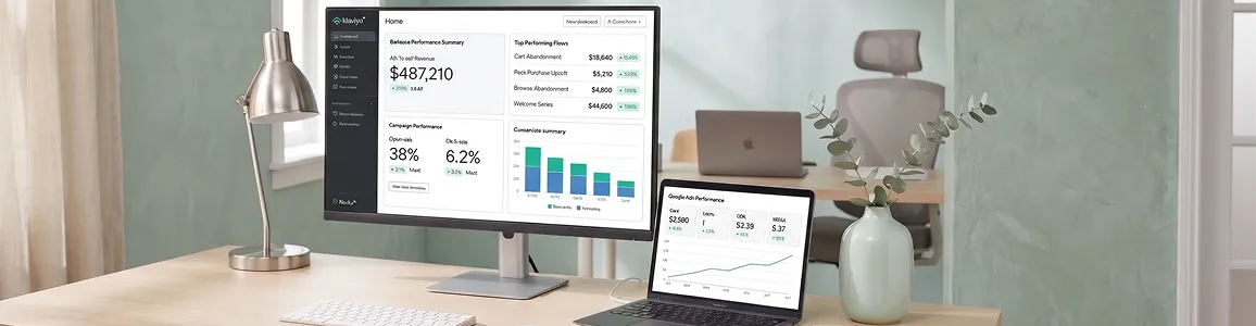 Ecommerce marketing manager calmly reviewing Klaviyo dashboard with healthy attributed revenue, AFTER state Ecommerce marketing manager calmly reviewing Klaviyo dashboard with healthy attributed revenue, AFTER state
