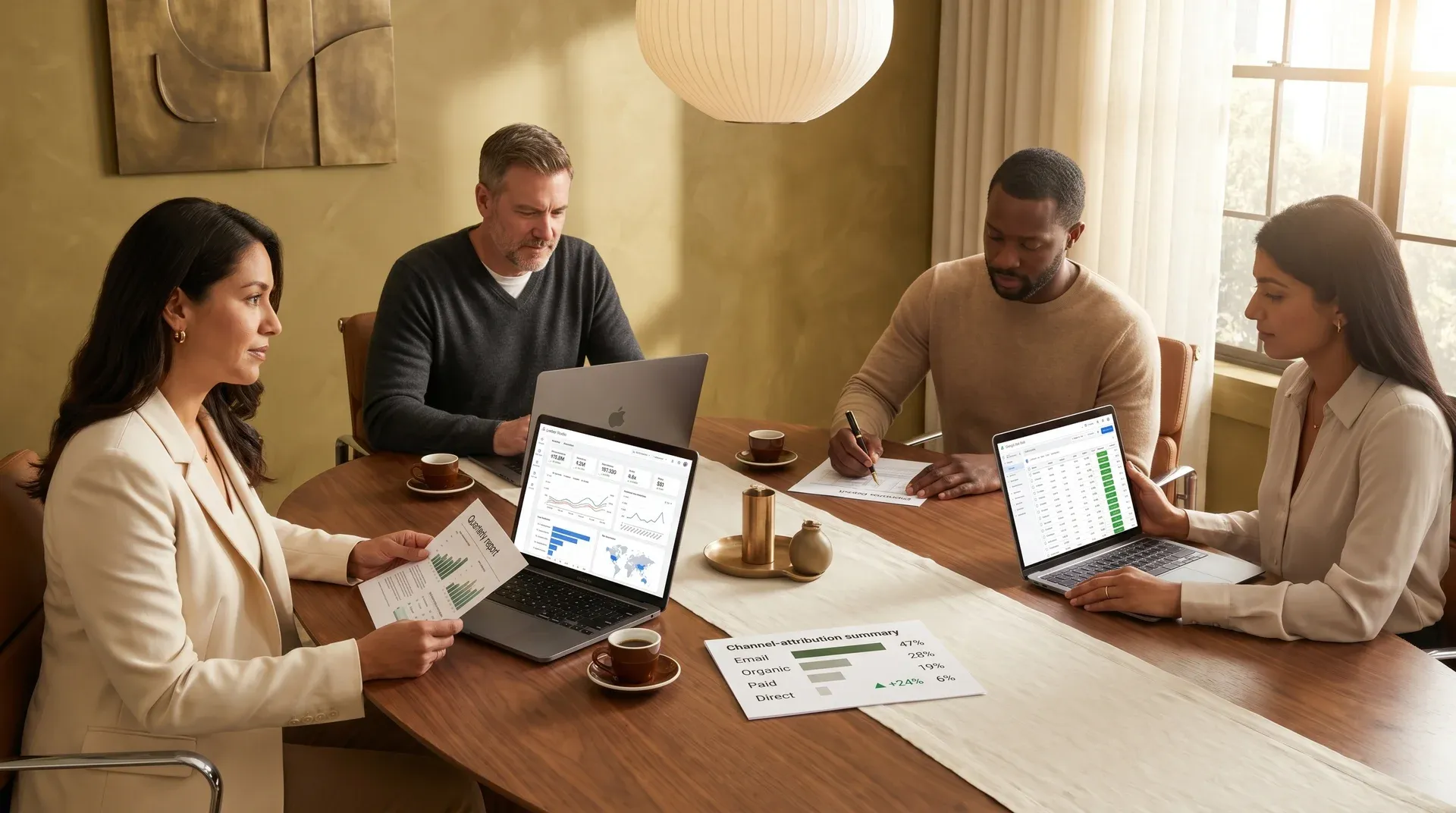 Small ecommerce marketing team reviewing strong $15M campaign performance results around a table, Looker Studio dashboard visible Small ecommerce marketing team reviewing strong $15M campaign performance results around a table, Looker Studio dashboard visible