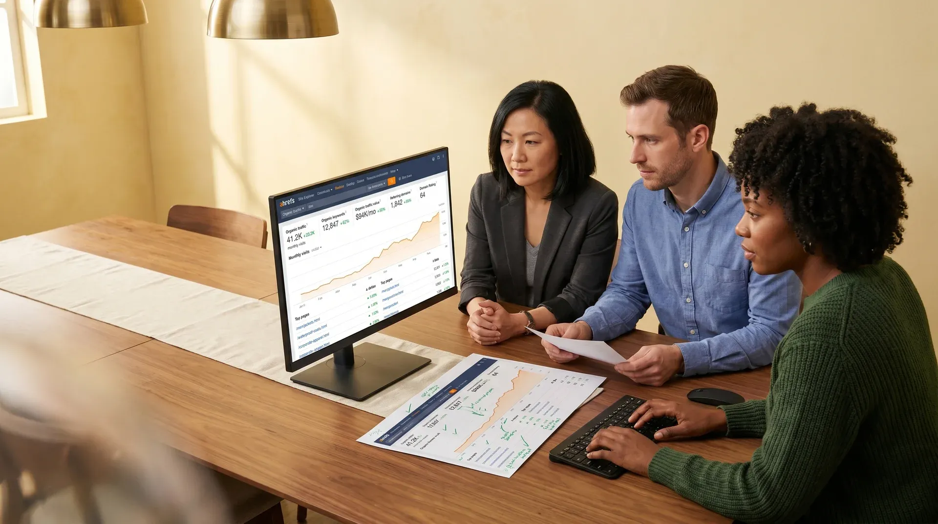 Ecommerce team reviewing growing organic search traffic report on Ahrefs Site Explorer dashboard Ecommerce team reviewing growing organic search traffic report on Ahrefs Site Explorer dashboard