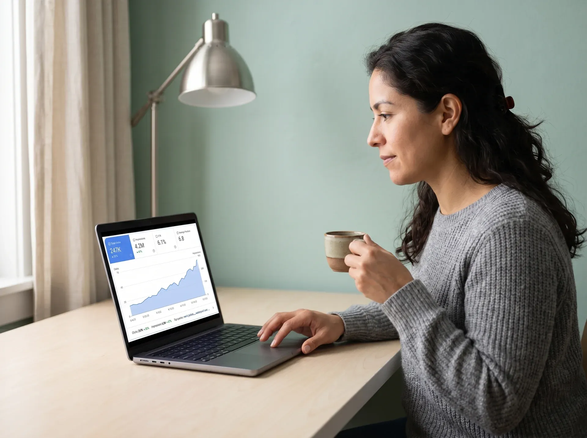 Merchant reviewing organic traffic growth report on laptop showing upward trending Adobe Commerce store analytics Merchant reviewing organic traffic growth report on laptop showing upward trending Adobe Commerce store analytics