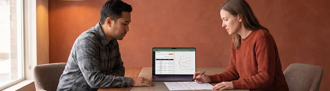 Search engine optimization team reviewing Adobe Commerce site architecture diagram on laptop, natural office lighting