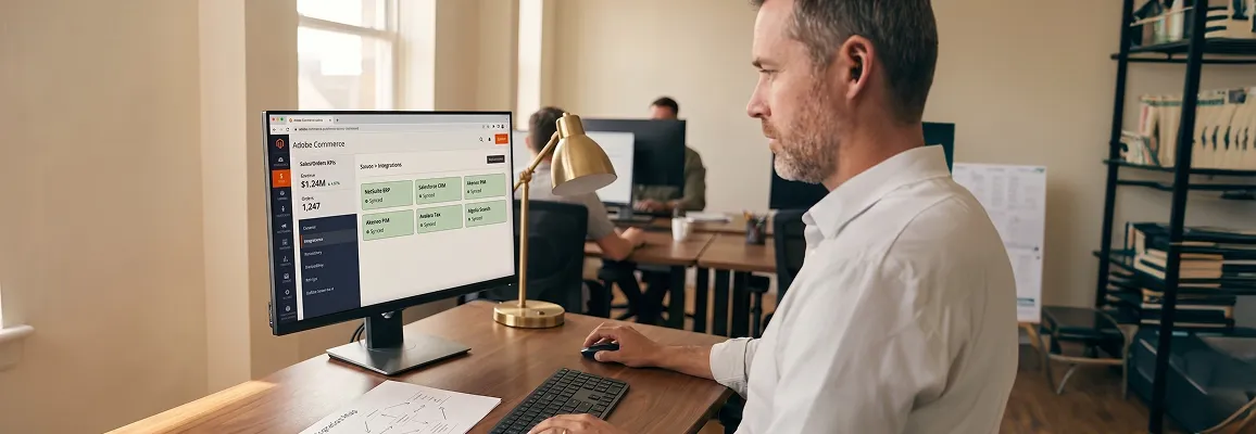 Operations lead reviewing Adobe Commerce integration architecture on large monitor with warm natural window light Operations lead reviewing Adobe Commerce integration architecture on large monitor with warm natural window light