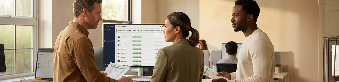Business-to-business operations team monitoring live Adobe Commerce integration go-live with all connected systems showing healthy synced status Business-to-business operations team monitoring live Adobe Commerce integration go-live with all connected systems showing healthy synced status