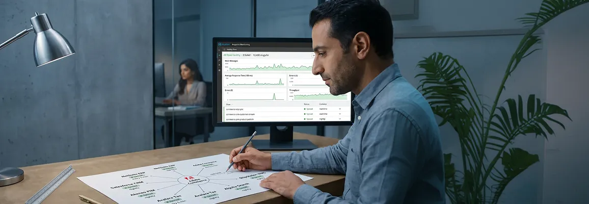 Integration architect annotating a hub-and-spoke Adobe Commerce system diagram with MuleSoft Anypoint Monitoring showing all flows healthy on the monitor