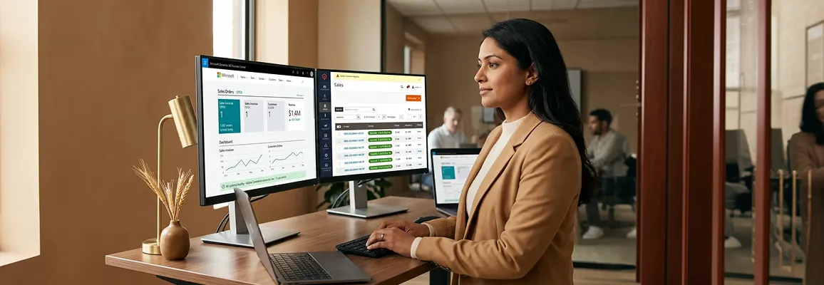 Operations lead reviewing live Adobe Commerce and Dynamics 365 sync dashboard at dual-monitor workstation, natural light Operations lead reviewing live Adobe Commerce and Dynamics 365 sync dashboard at dual-monitor workstation, natural light