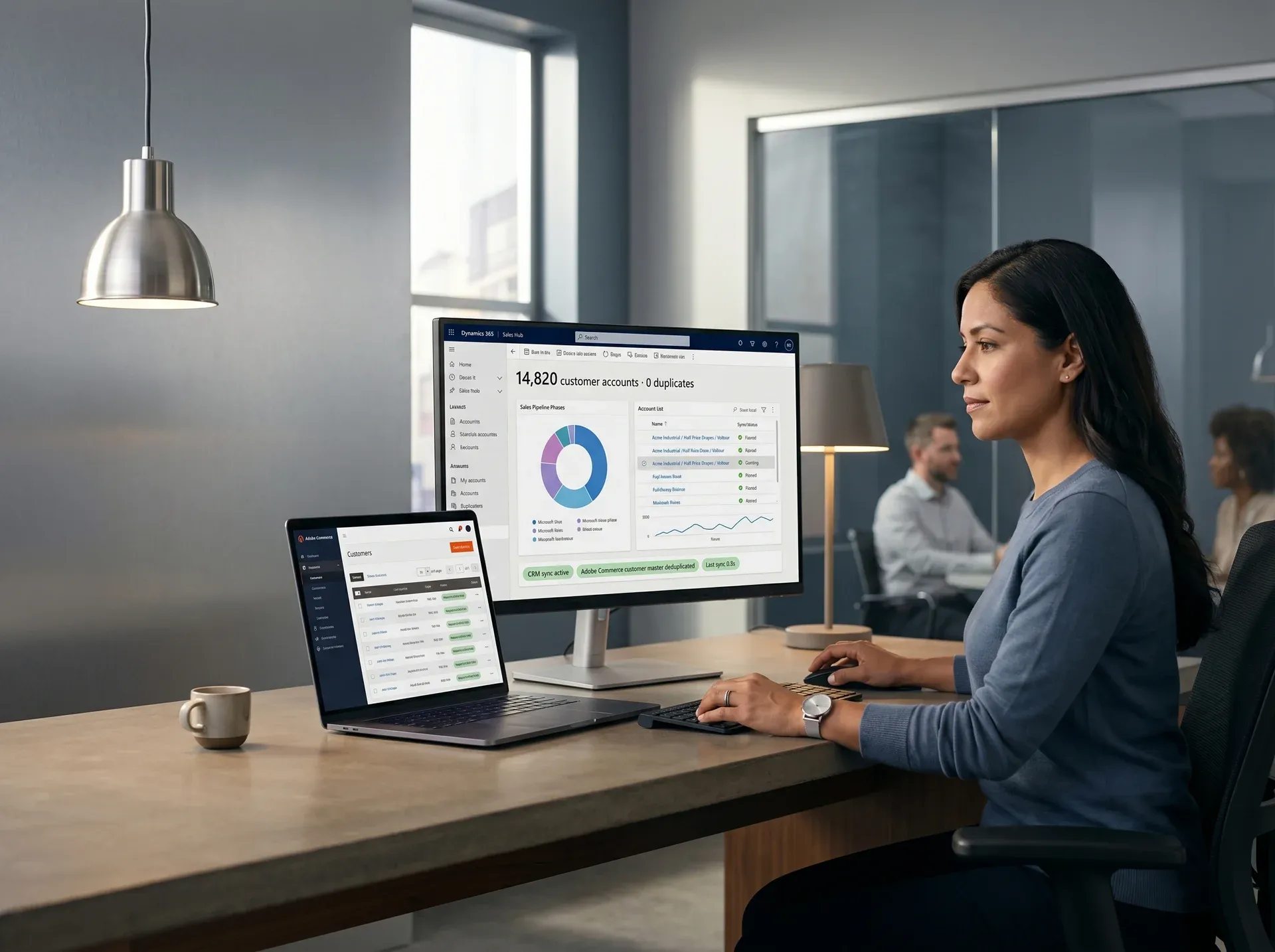 Data analyst reviewing authentic Microsoft Dynamics 365 Sales Hub customer dashboard with Adobe Commerce customer master deduplicated, slate blue analytical workspace Data analyst reviewing authentic Microsoft Dynamics 365 Sales Hub customer dashboard with Adobe Commerce customer master deduplicated, slate blue analytical workspace