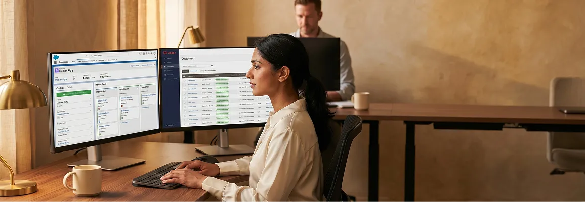 Marketing operations lead reviewing unified customer data across customer relationship management and Adobe Commerce store on dual monitors Marketing operations lead reviewing unified customer data across customer relationship management and Adobe Commerce store on dual monitors