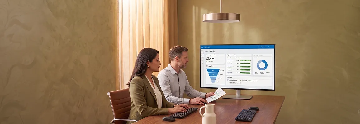 Sales team reviewing a unified Dynamics 365 Sales Hub pipeline with Adobe Commerce lifetime value synced on every opportunity, $1.4M won opportunities up 28% YoY Sales team reviewing a unified Dynamics 365 Sales Hub pipeline with Adobe Commerce lifetime value synced on every opportunity, $1.4M won opportunities up 28% YoY