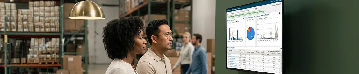 Business-to-business warehouse team verifying live enterprise resource planning inventory sync against the ecommerce storefront screen Business-to-business warehouse team verifying live enterprise resource planning inventory sync against the ecommerce storefront screen
