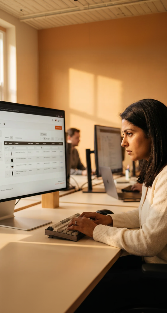Adobe Commerce solutions specialist reviewing multistore catalog and orders dashboard Adobe Commerce solutions specialist reviewing multistore catalog and orders dashboard