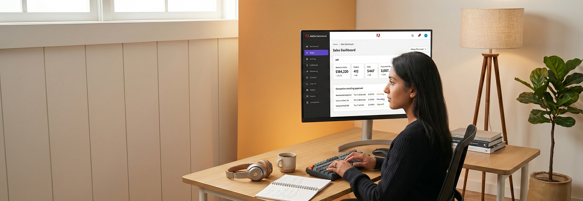 Adobe Commerce Admin dashboard open on a developer monitor showing orders, catalog, and B2B companies module Adobe Commerce Admin dashboard open on a developer monitor showing orders, catalog, and B2B companies module