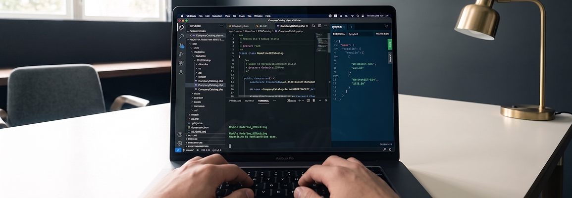 VS Code window with an Adobe Commerce module showing composer.json, di.xml, and a GraphQL resolver for B2B commerce VS Code window with an Adobe Commerce module showing composer.json, di.xml, and a GraphQL resolver for B2B commerce