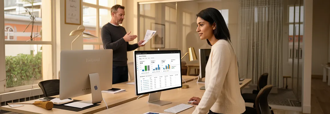 Enterprise AI consulting team reviewing a strategic dashboard in a modern operations center Enterprise AI consulting team reviewing a strategic dashboard in a modern operations center