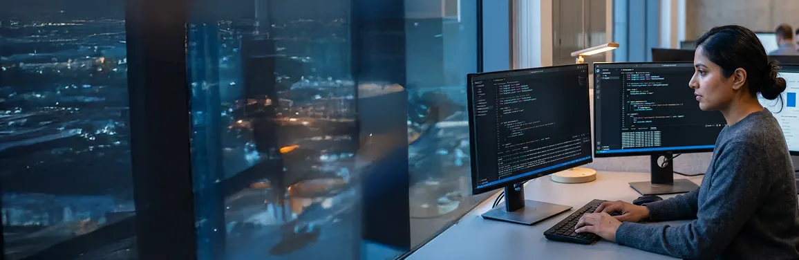 AI developer reviewing model performance metrics on dual monitors, screen light illuminating focused expression AI developer reviewing model performance metrics on dual monitors, screen light illuminating focused expression